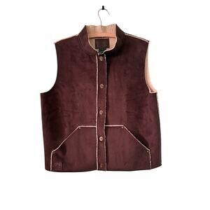 Ralph Lauren Faux Suede Sherpa Vest Women Large Brown Hood Brass Toggle Vintage